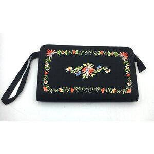 Embroidered Black Clutch Purse Gold Tone Zipper Divided Sections Loop Handle